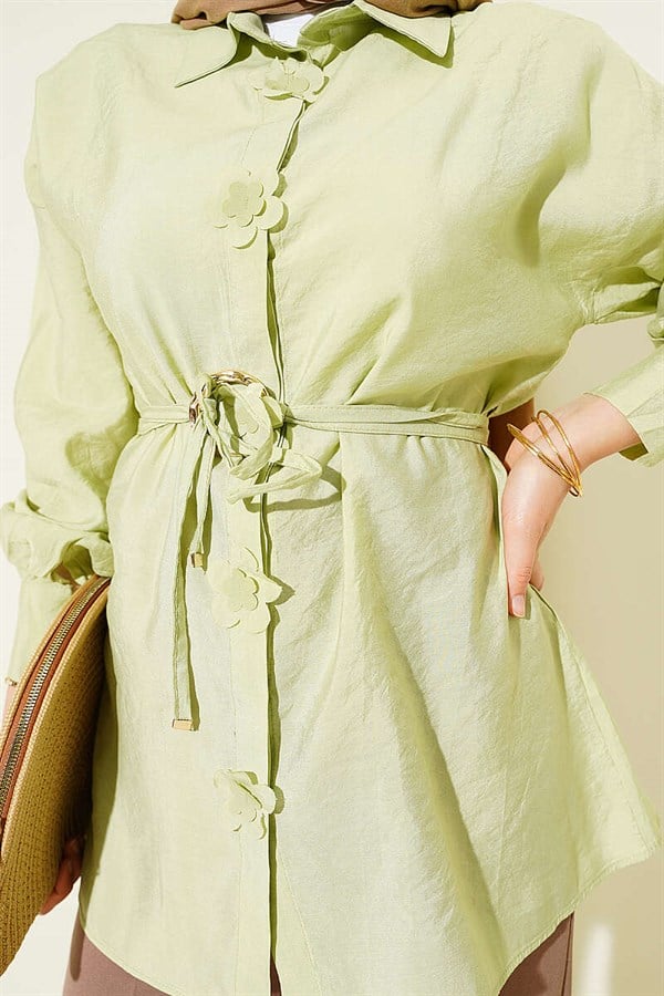 Floral Shirt with Gold Buckle and Drawstring Belt, Light Green