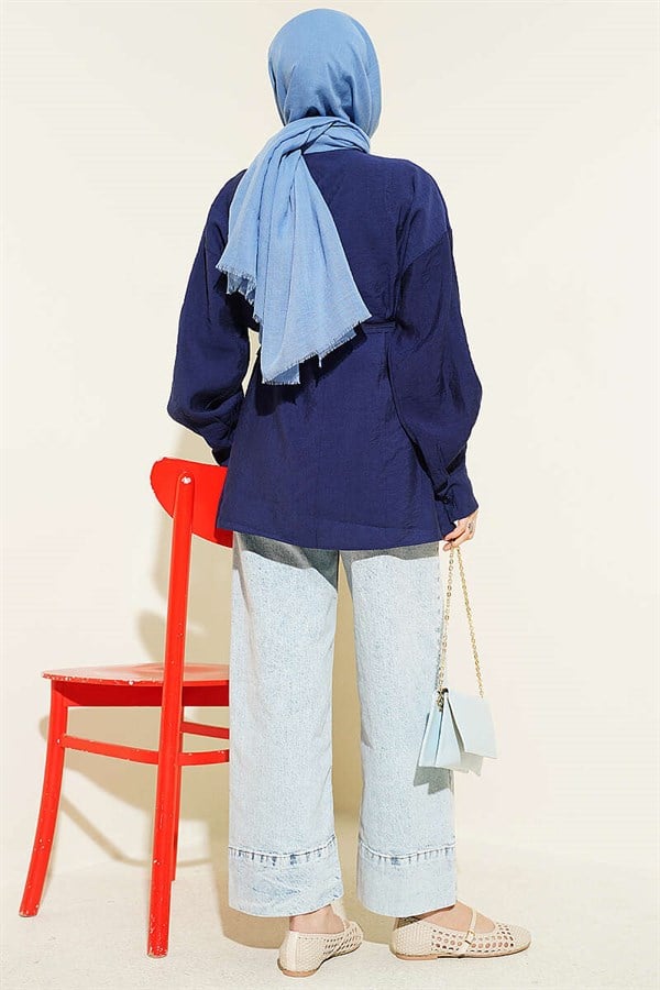 Navy Blue Shirt with Floral Gold Buckle and Drawstring Belt