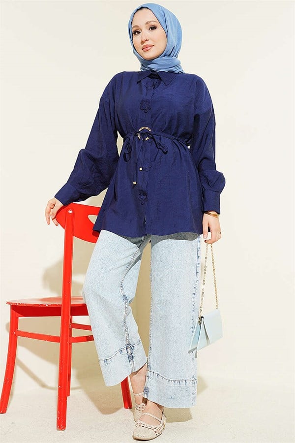 Navy Blue Shirt with Floral Gold Buckle and Drawstring Belt