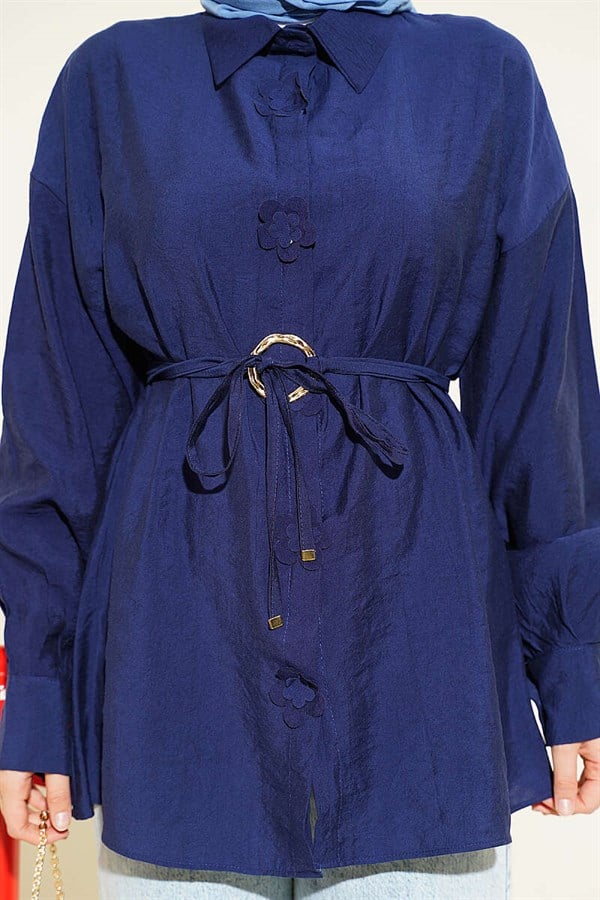 Navy Blue Shirt with Floral Gold Buckle and Drawstring Belt