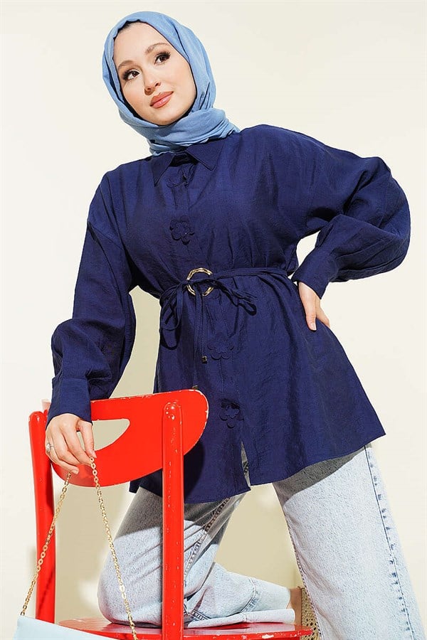 Navy Blue Shirt with Floral Gold Buckle and Drawstring Belt