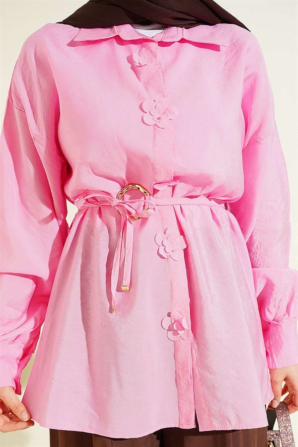 Pink Shirt with Floral Gold Buckle and Drawstring