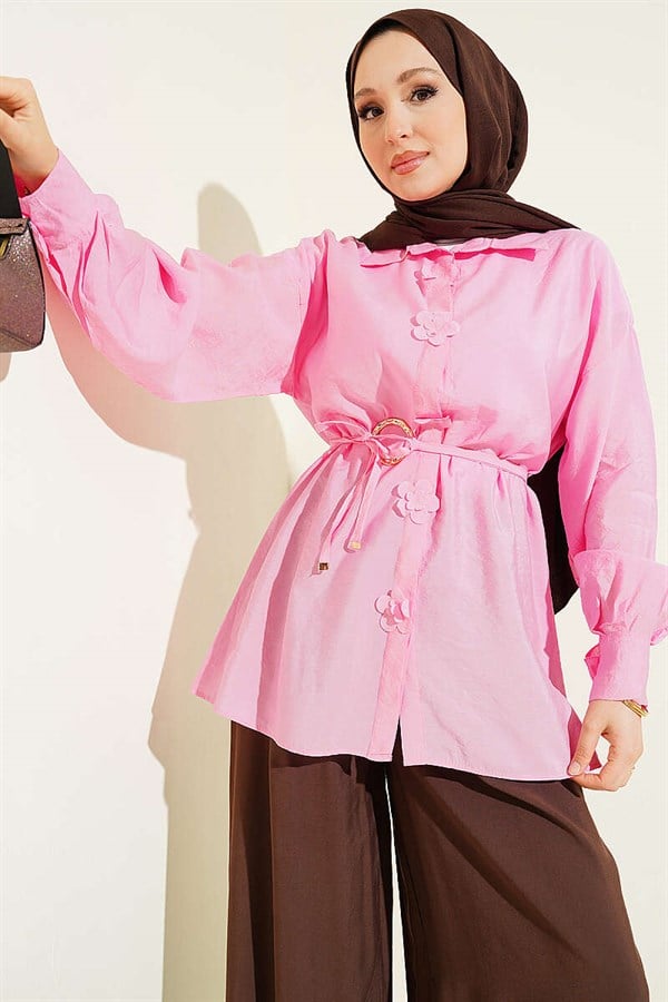 Pink Shirt with Floral Gold Buckle and Drawstring