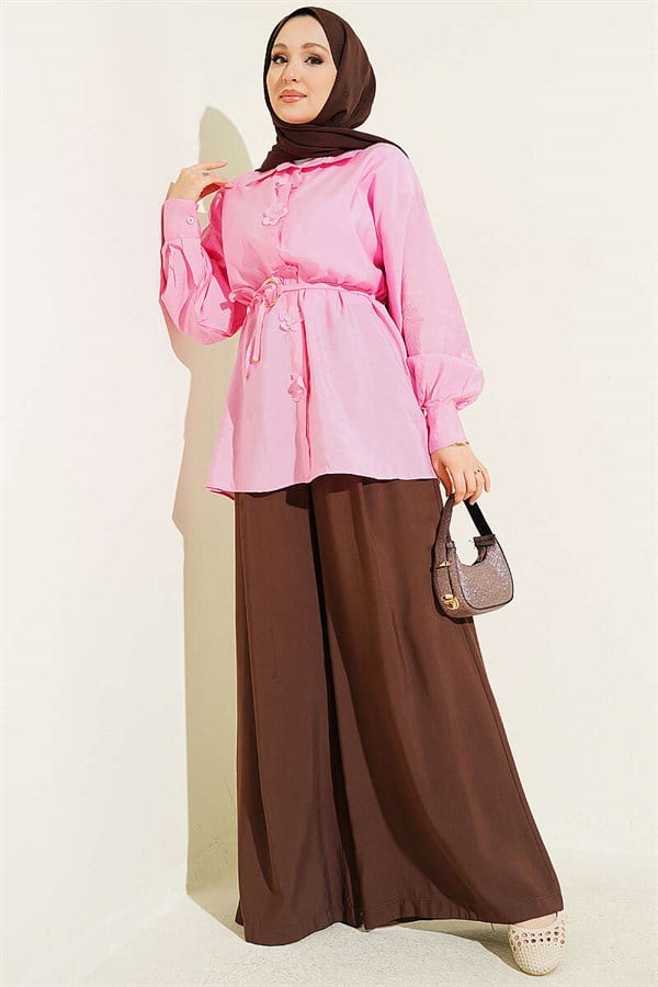 Pink Shirt with Floral Gold Buckle and Drawstring