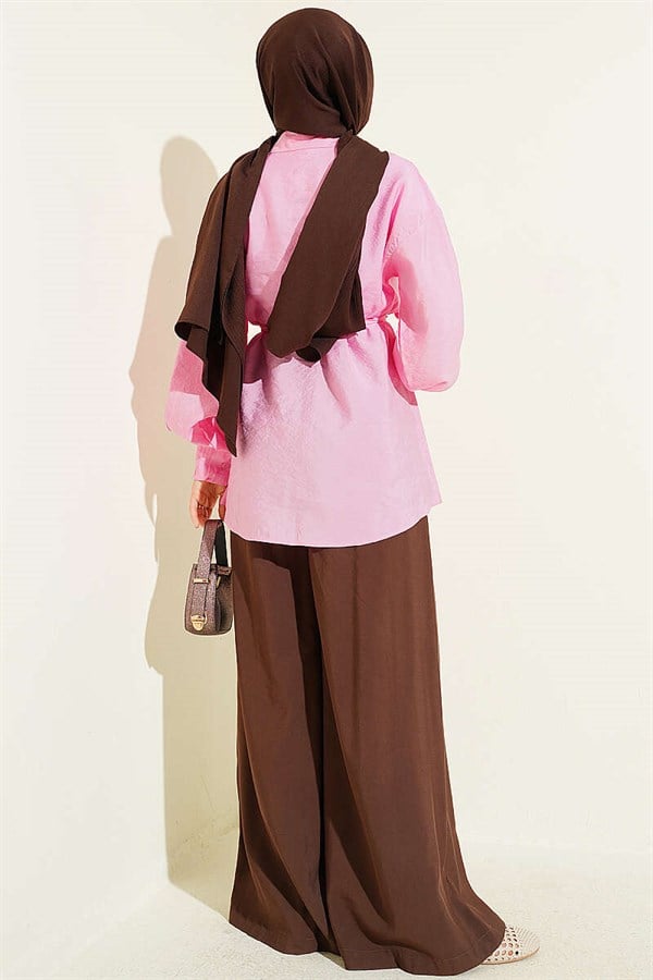 Pink Shirt with Floral Gold Buckle and Drawstring