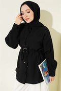 Black Shirt with Floral Gold Buckle and Drawstring