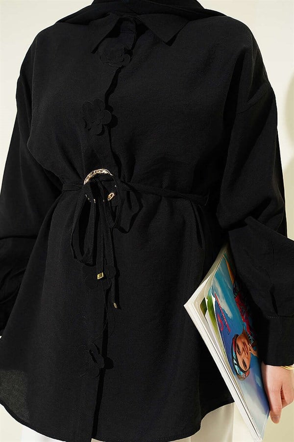 Black Shirt with Floral Gold Buckle and Drawstring