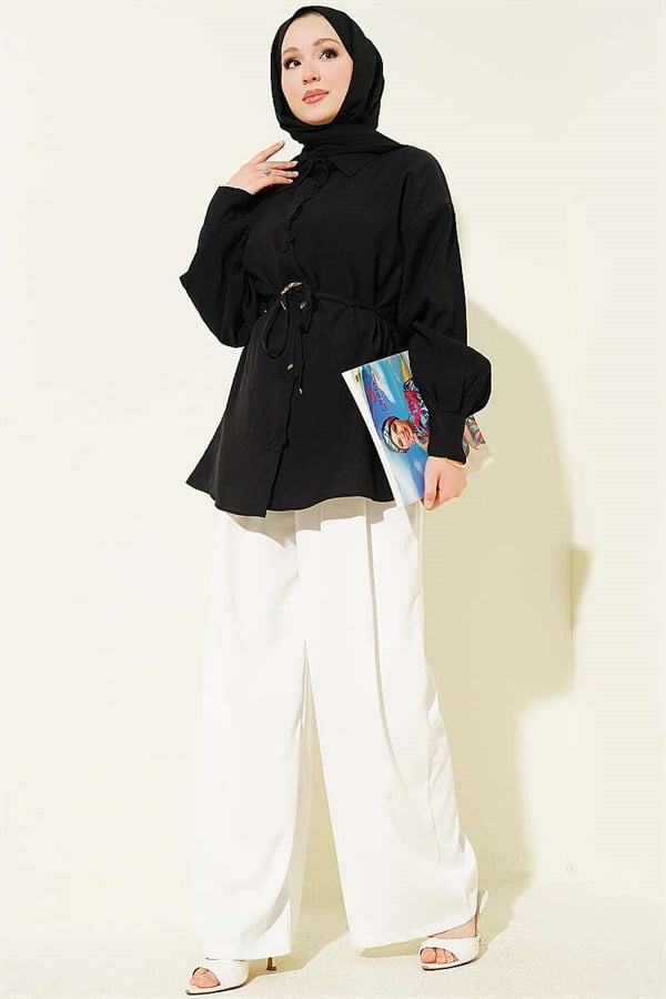 Black Shirt with Floral Gold Buckle and Drawstring