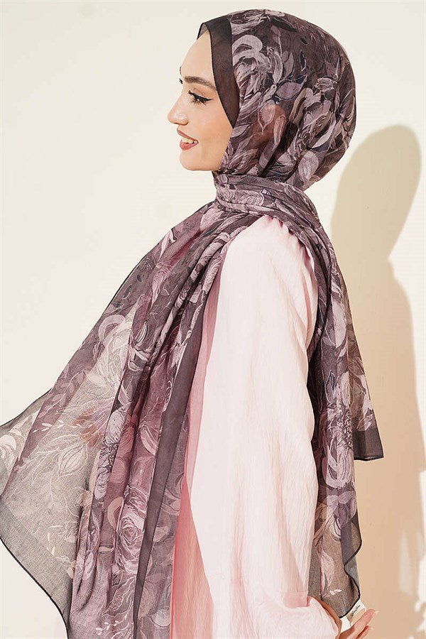 Floral Linen Scarf Dark Brown