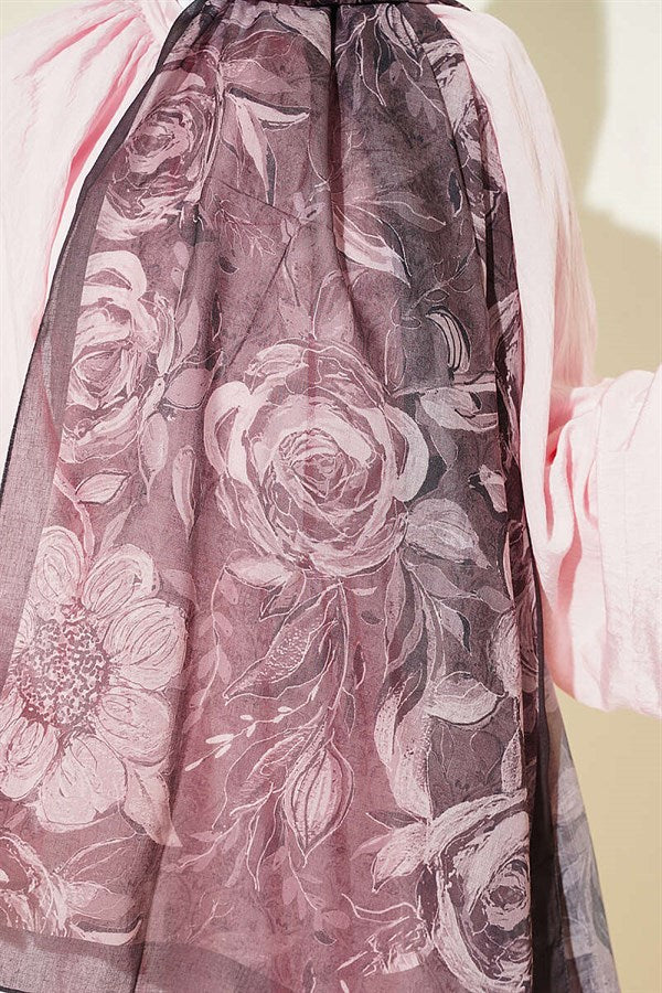 Floral Linen Scarf Dark Brown
