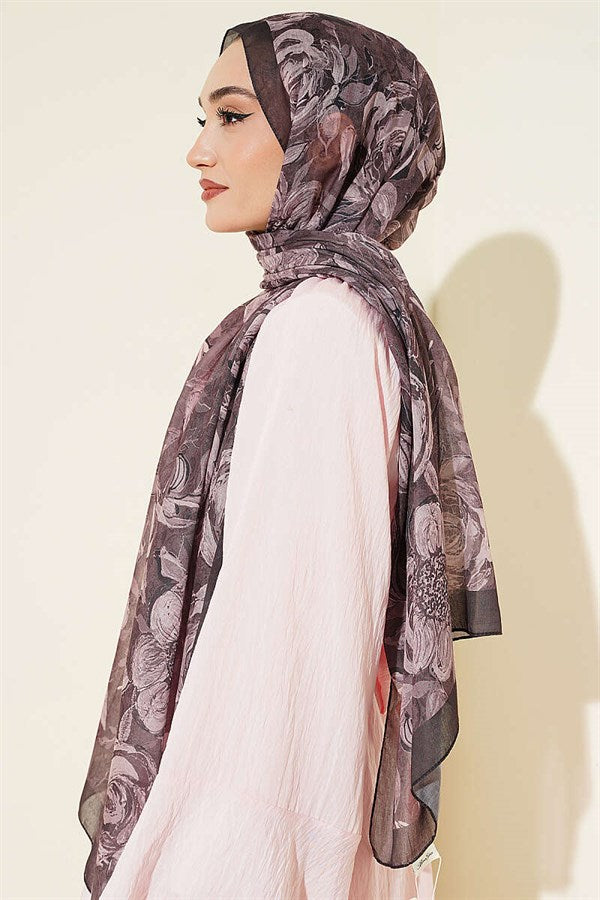 Floral Linen Scarf Dark Brown