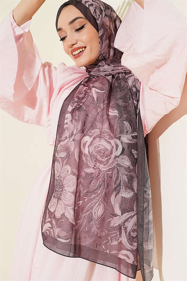Floral Linen Scarf Dark Brown