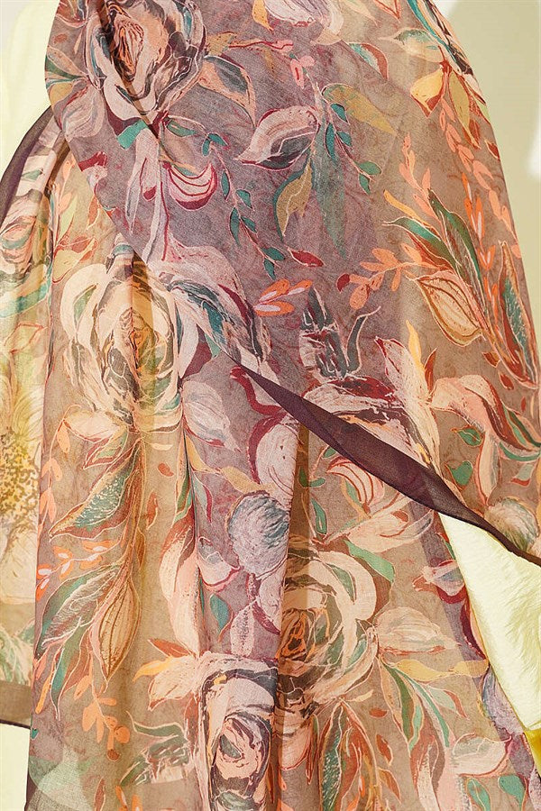 Floral Linen Scarf, Plum