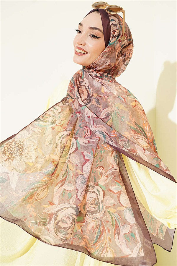 Floral Linen Scarf, Plum
