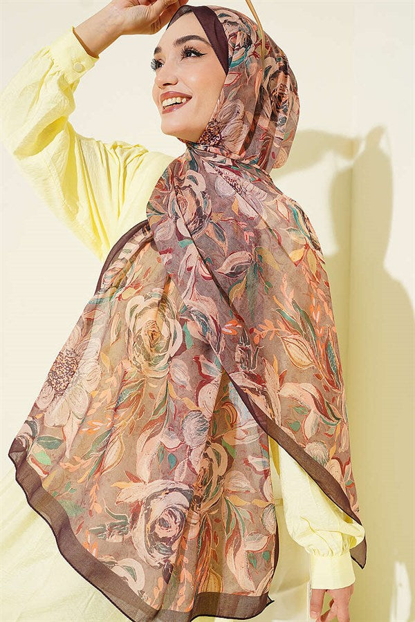 Floral Linen Scarf, Plum