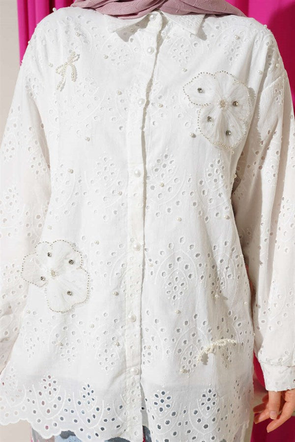 Floral Embellished Embroidered Tunic White