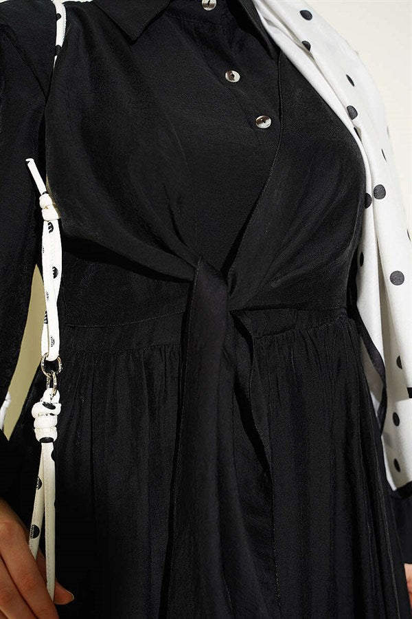 Double Tie Detail Buttoned Dress Black