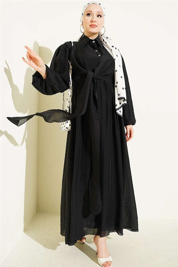 Double Tie Detail Buttoned Dress Black