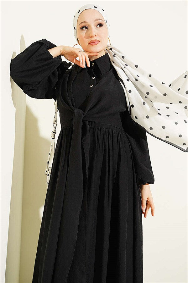 Double Tie Detail Buttoned Dress Black