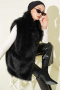 Double Pocket Detailed Fur Vest Black