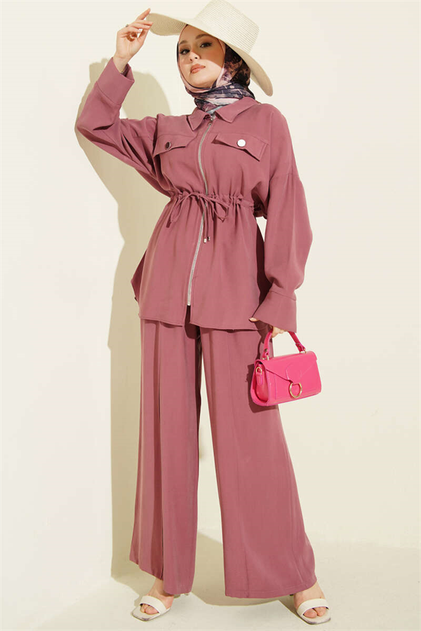 Two-Piece Tencel Set with Double Pocket Flap and Waist Tunnel, Rose Pink