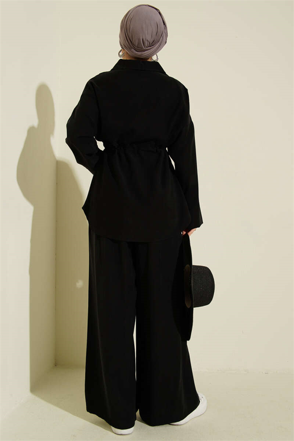 Two-Piece Tencel Set with Double Pocket Flap and Waist Tunnel, Black