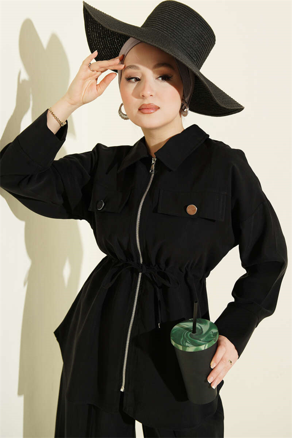 Two-Piece Tencel Set with Double Pocket Flap and Waist Tunnel, Black