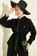 Two-Piece Tencel Set with Double Pocket Flap and Waist Tunnel, Black