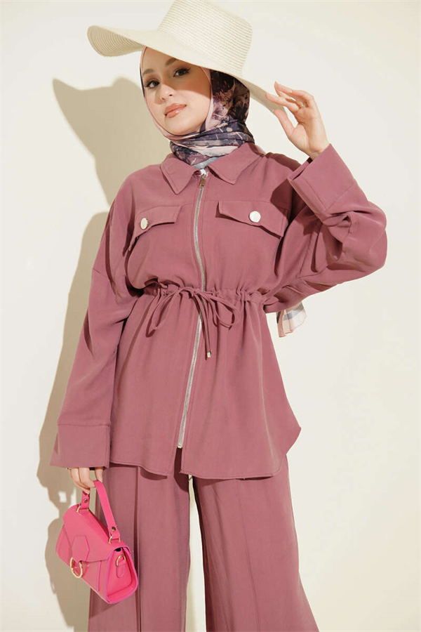 Two-Piece Tencel Set with Double Pocket Flap and Waist Tunnel, Rose Pink
