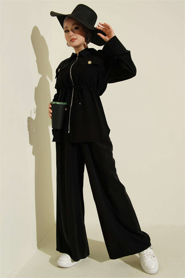Two-Piece Tencel Set with Double Pocket Flap and Waist Tunnel, Black