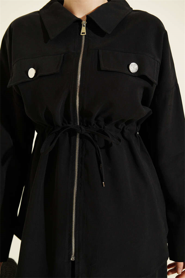 Two-Piece Tencel Set with Double Pocket Flap and Waist Tunnel, Black