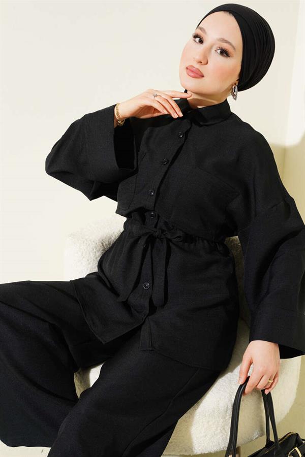 Double Pocket Waist Tie 2 Piece Set Black