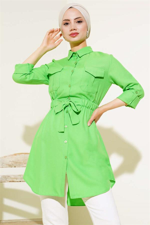 Double Pocket Elastic Waist Shirt Green