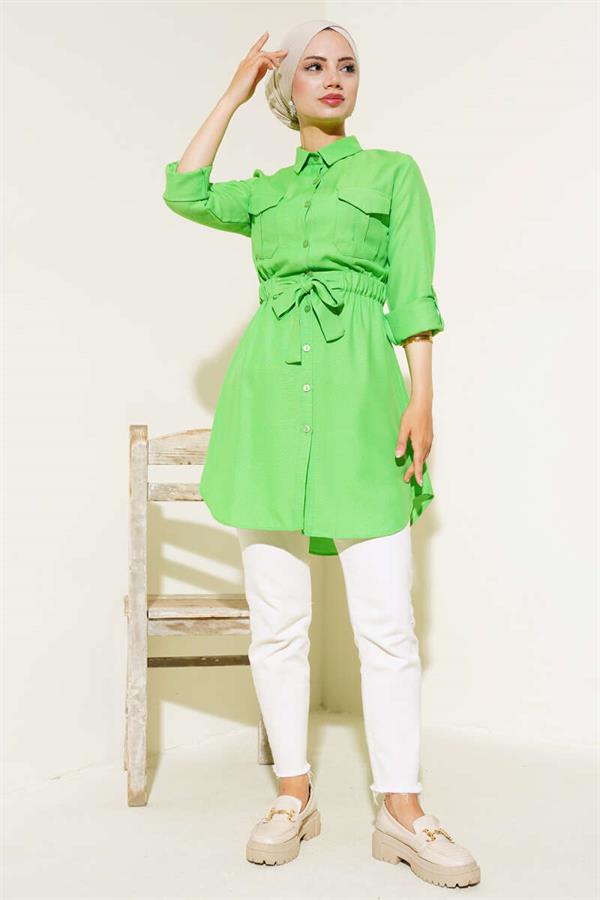 Double Pocket Elastic Waist Shirt Green