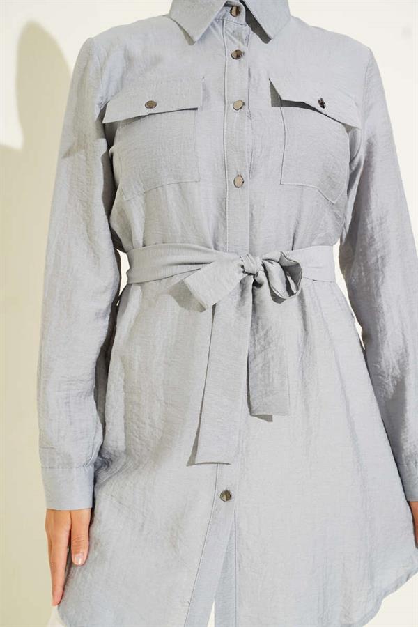 Double Pocket Waist-Tied Tunic Gray
