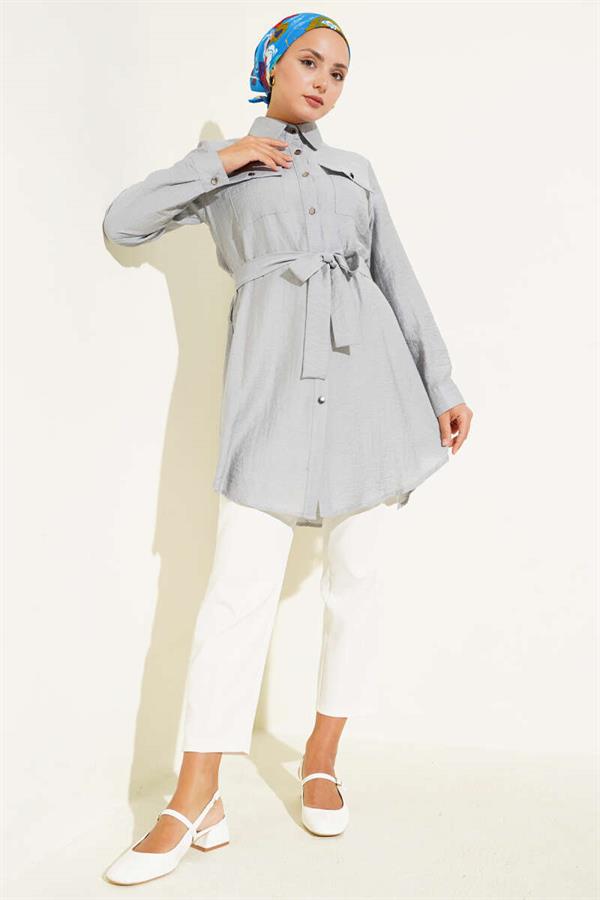 Double Pocket Waist-Tied Tunic Gray