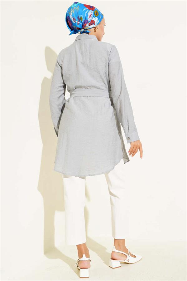 Double Pocket Waist-Tied Tunic Gray