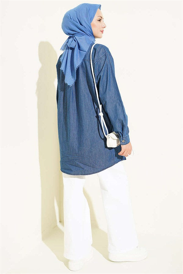 Double Pocket, Cufflink Denim Shirt, Blue