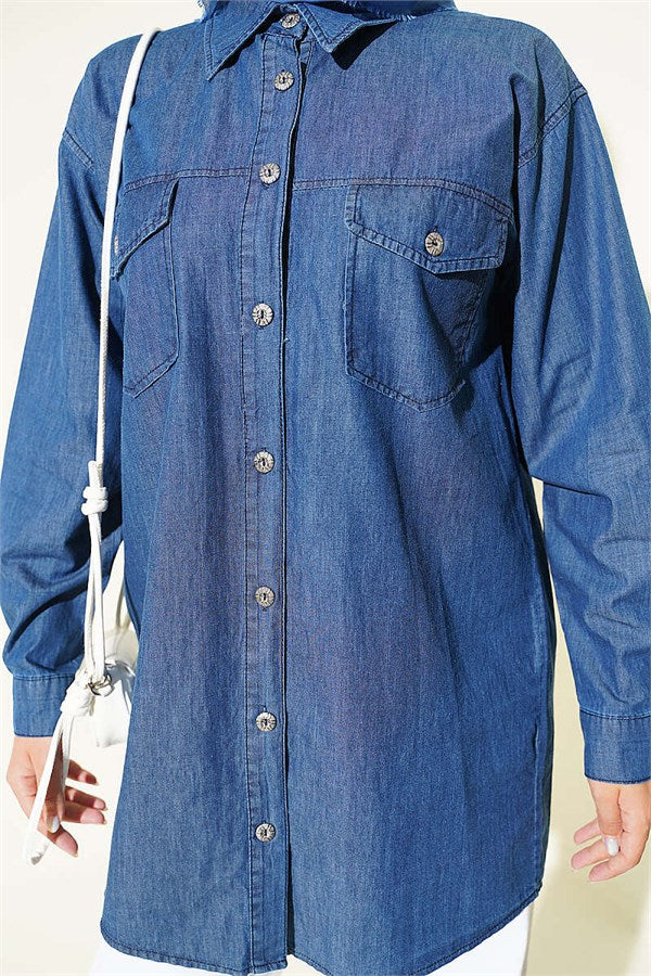 Double Pocket, Cufflink Denim Shirt, Blue