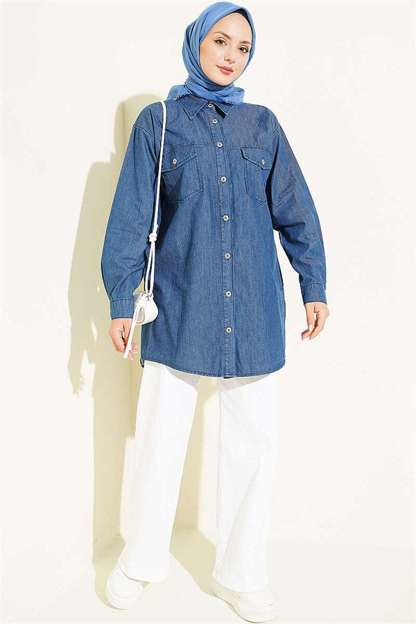 Double Pocket, Cufflink Denim Shirt, Blue
