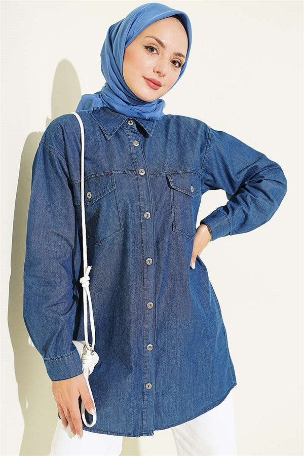 Double Pocket, Cufflink Denim Shirt, Blue