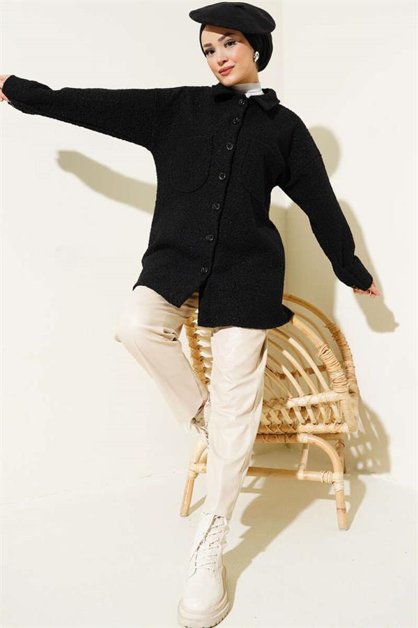 Double Pocket Buttoned Boucle Shirt Black