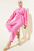 Double Pocket Buttoned Rope Belted 2 Piece Set Pink
