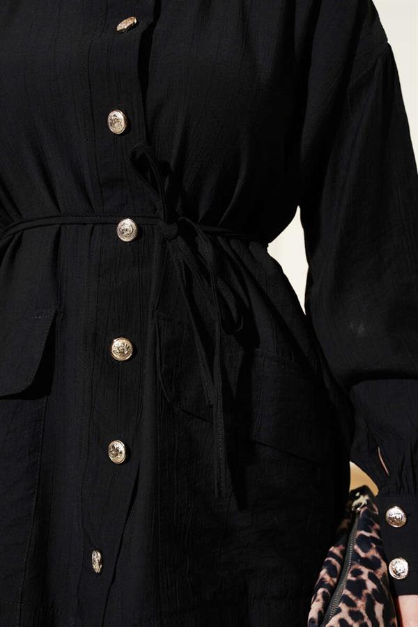 Double Pocket Buttoned Rope Belted 2 Piece Set Black