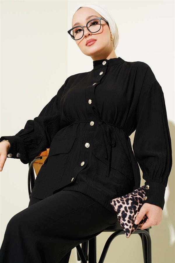 Double Pocket Buttoned Rope Belted 2 Piece Set Black