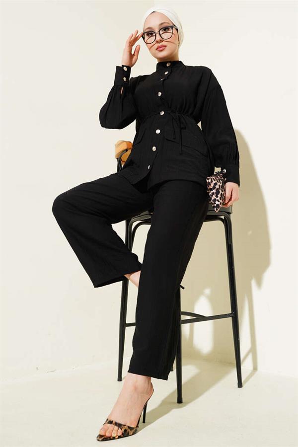 Double Pocket Buttoned Rope Belted 2 Piece Set Black