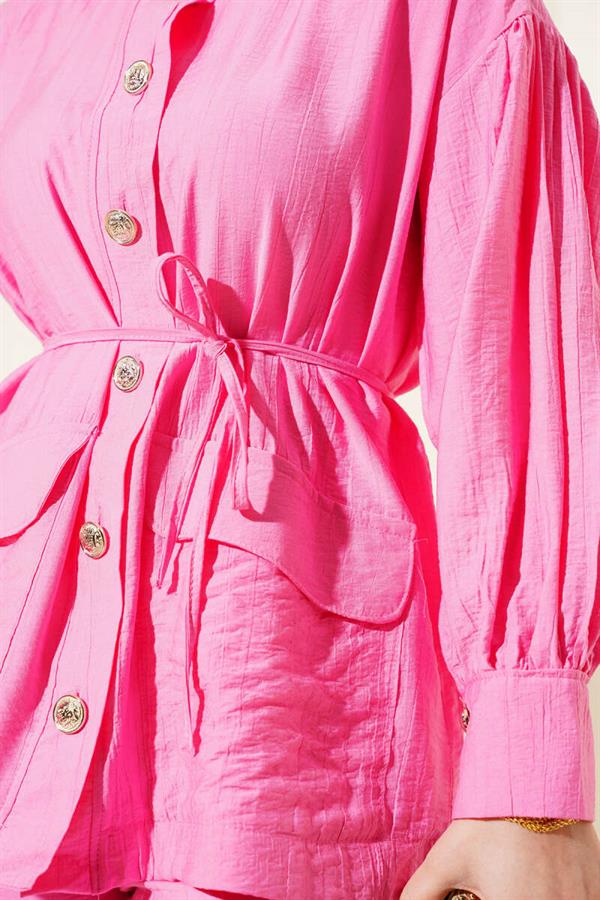 Double Pocket Buttoned Rope Belted 2 Piece Set Pink