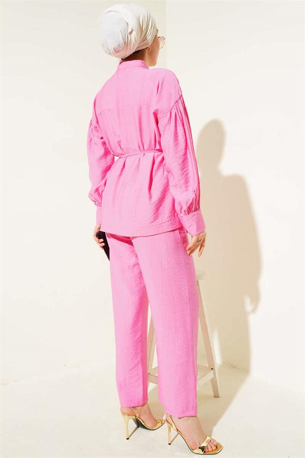 Double Pocket Buttoned Rope Belted 2 Piece Set Pink