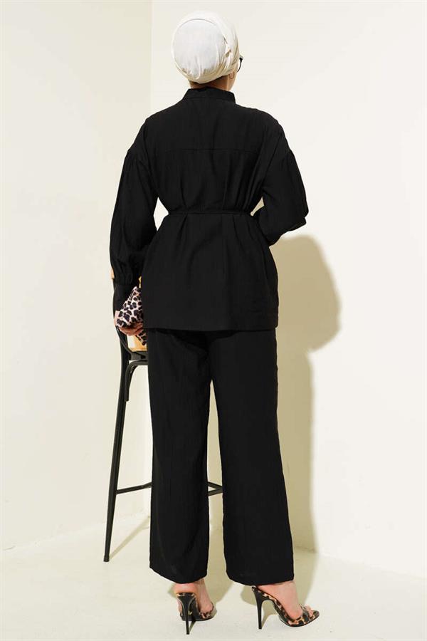 Double Pocket Buttoned Rope Belted 2 Piece Set Black