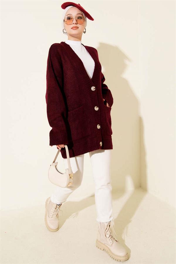 Double Pocket Buttoned Knit Cardigan, Burgundy